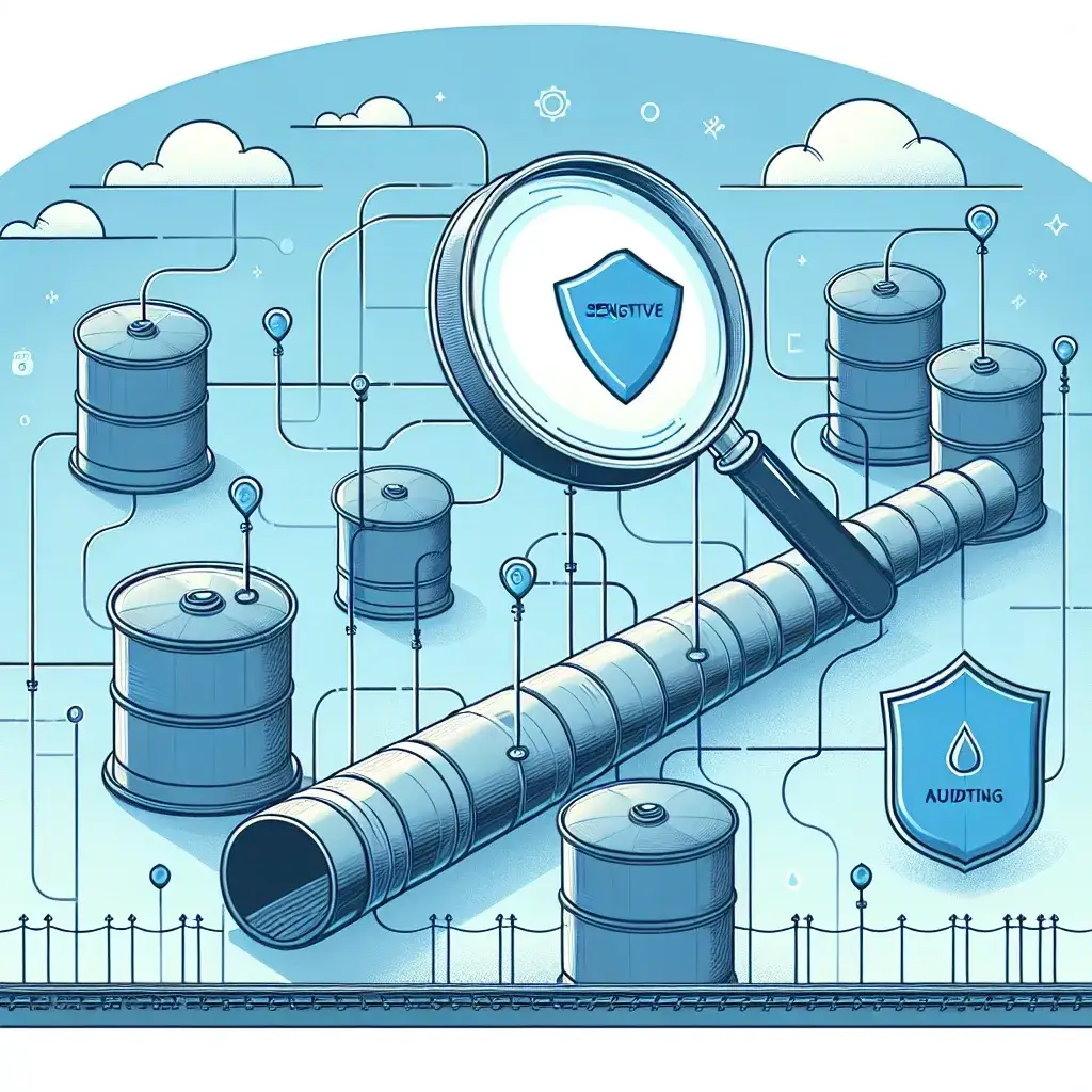 "Imagen de una plataforma de auditoría para pipelines de datos sensibles, mostrando herramientas de análisis, gráficos de seguridad y monitoreo en tiempo real, destacando la importancia de la protección empresarial en la gestión de datos críticos."
