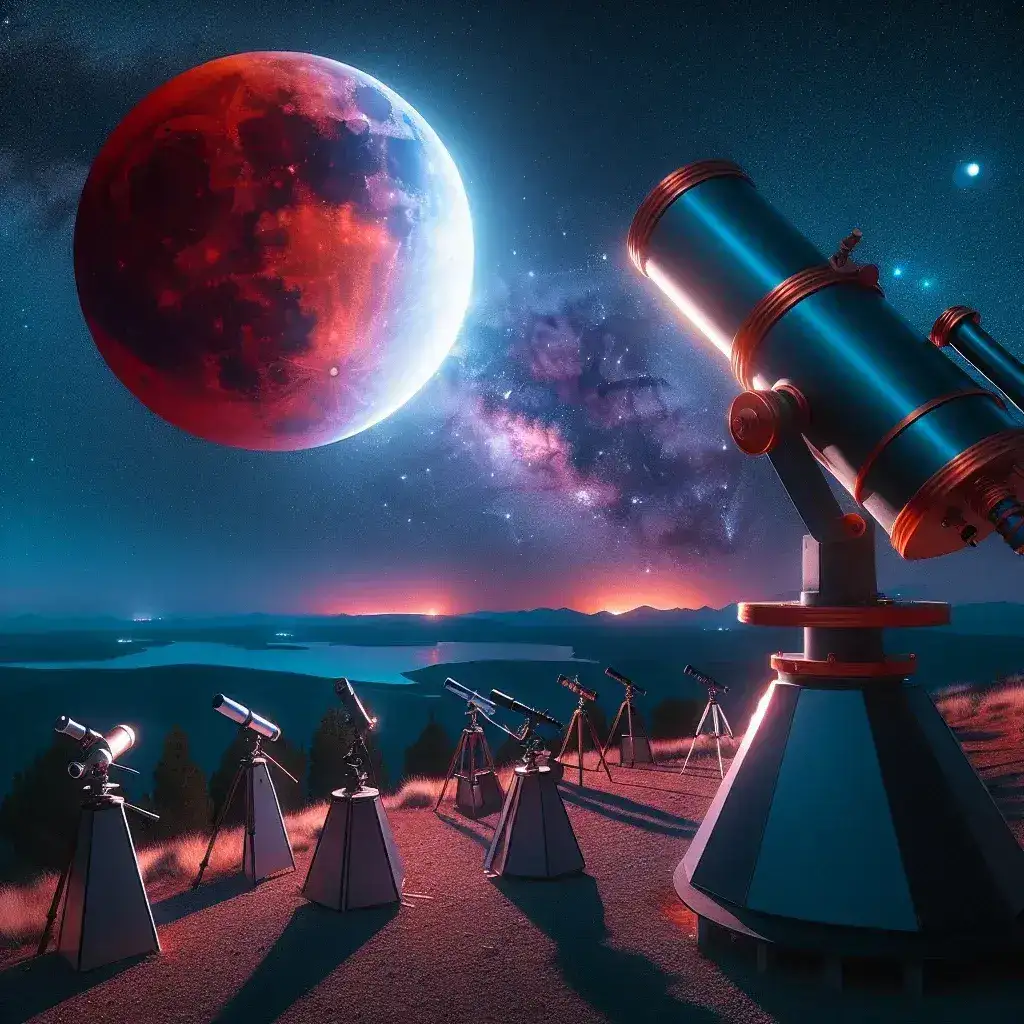 "Estudiantes de universidades españolas observando un eclipse lunar durante una actividad de divulgación astronómica, inspirada por el fenómeno natural."