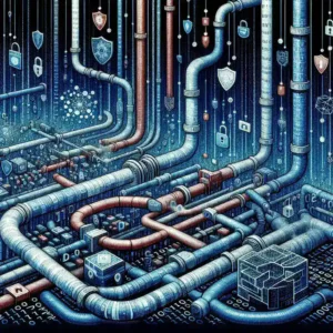 "Infografía destacando herramientas de seguridad para pipelines de datos, ilustrando métodos de protección de información durante el flujo de procesamiento."