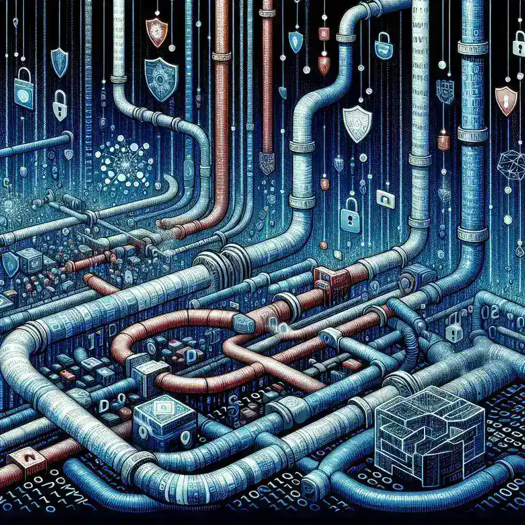 "Infografía destacando herramientas de seguridad para pipelines de datos, ilustrando métodos de protección de información durante el flujo de procesamiento."