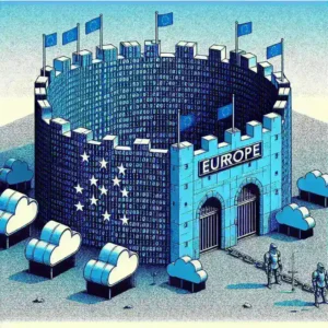 "Digital sovereignty and European data control concept illustration, featuring a European Union flag intertwined with digital networks and data security icons"