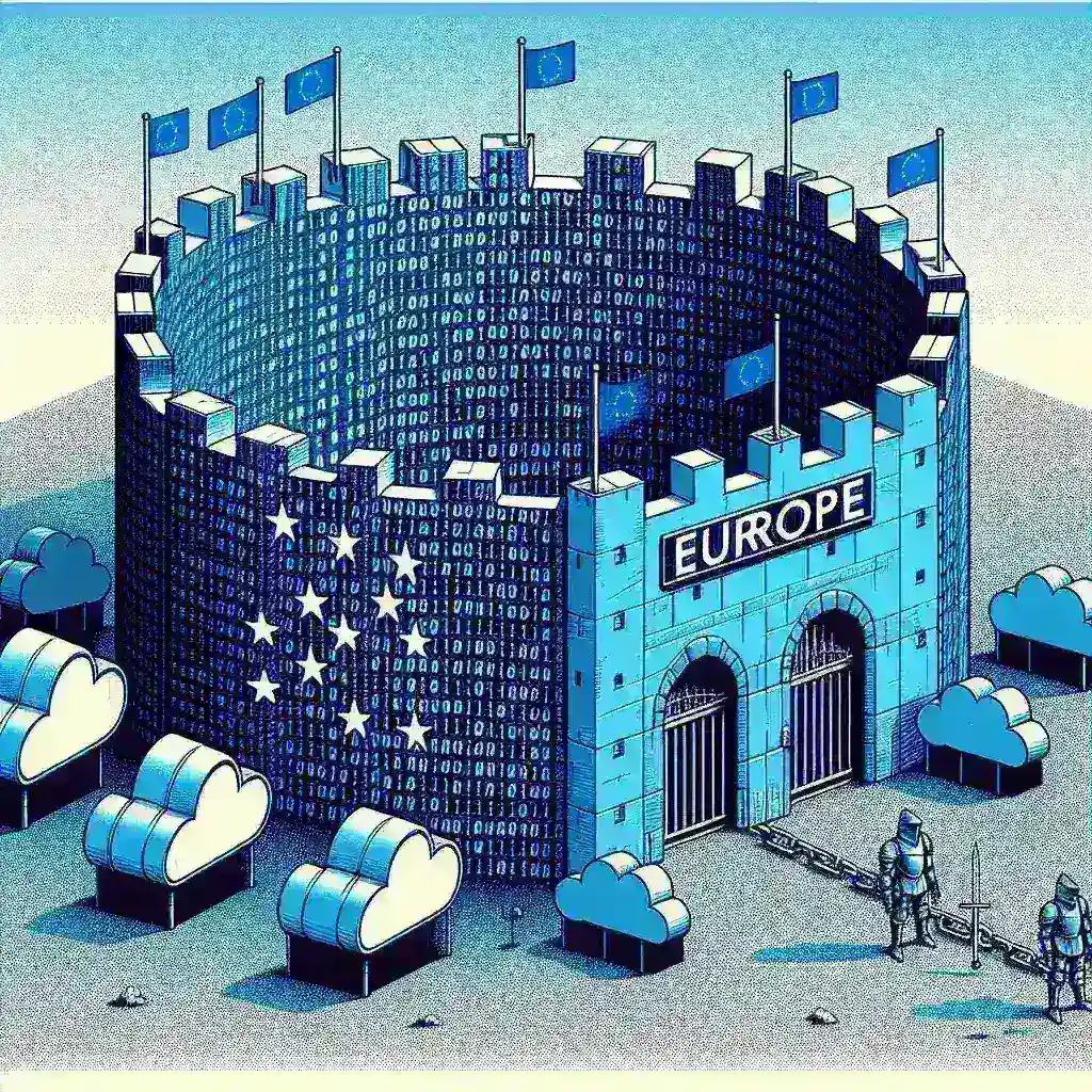 "Digital sovereignty and European data control concept illustration, featuring a European Union flag intertwined with digital networks and data security icons"