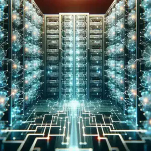"Intel Xeon 6 processor showcased in a cloud computing environment, representing advanced workload optimization for cloud services."